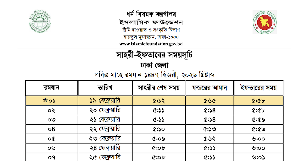 Islamic Foundation Ramadan Calendar 2026 PDF - Sehri & Iftar Time in Bangladesh